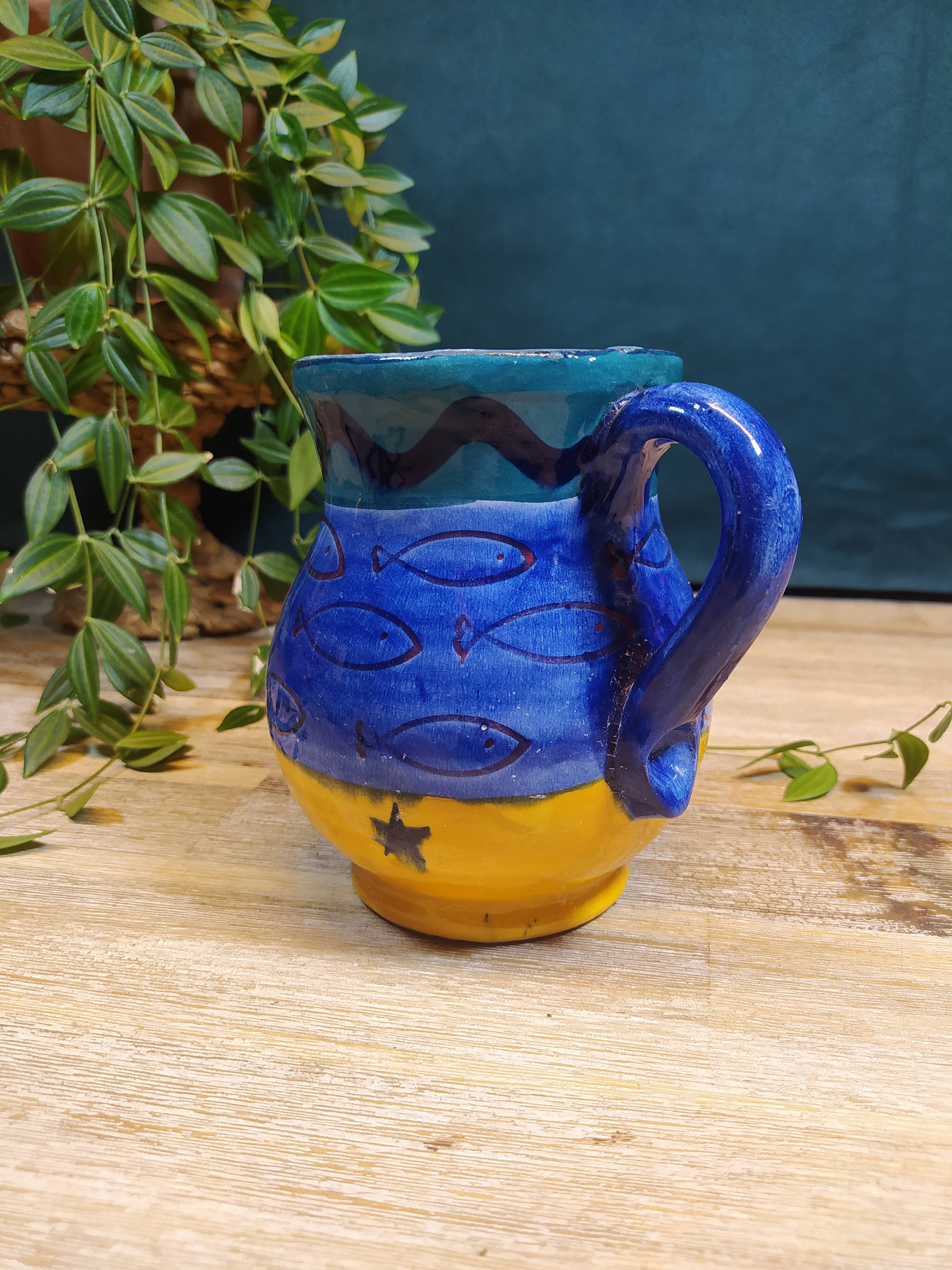 Carafe en Grès Bleu et Jaune à Motifs