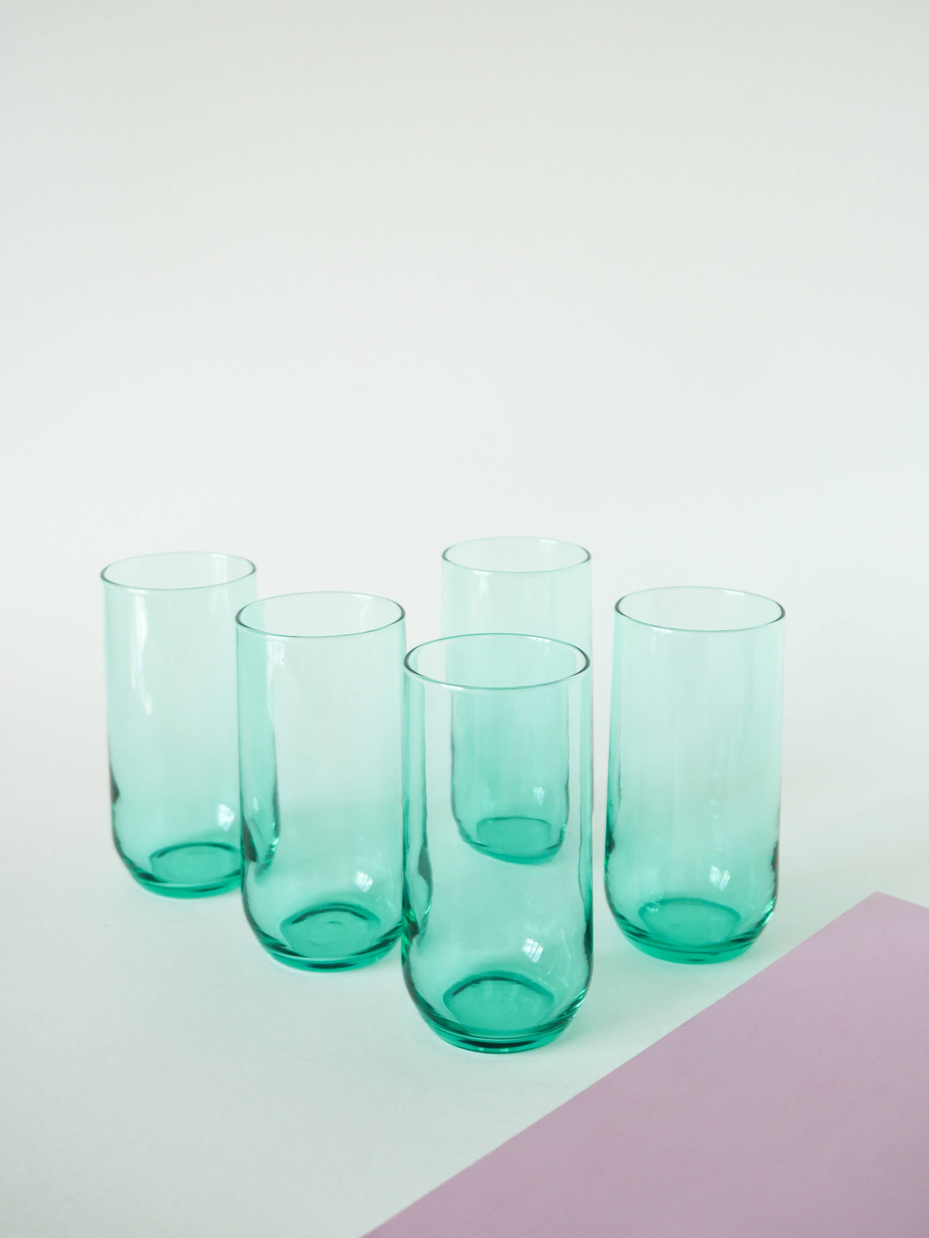 Set of 5 Long Drink water glasses in green glass, 1970