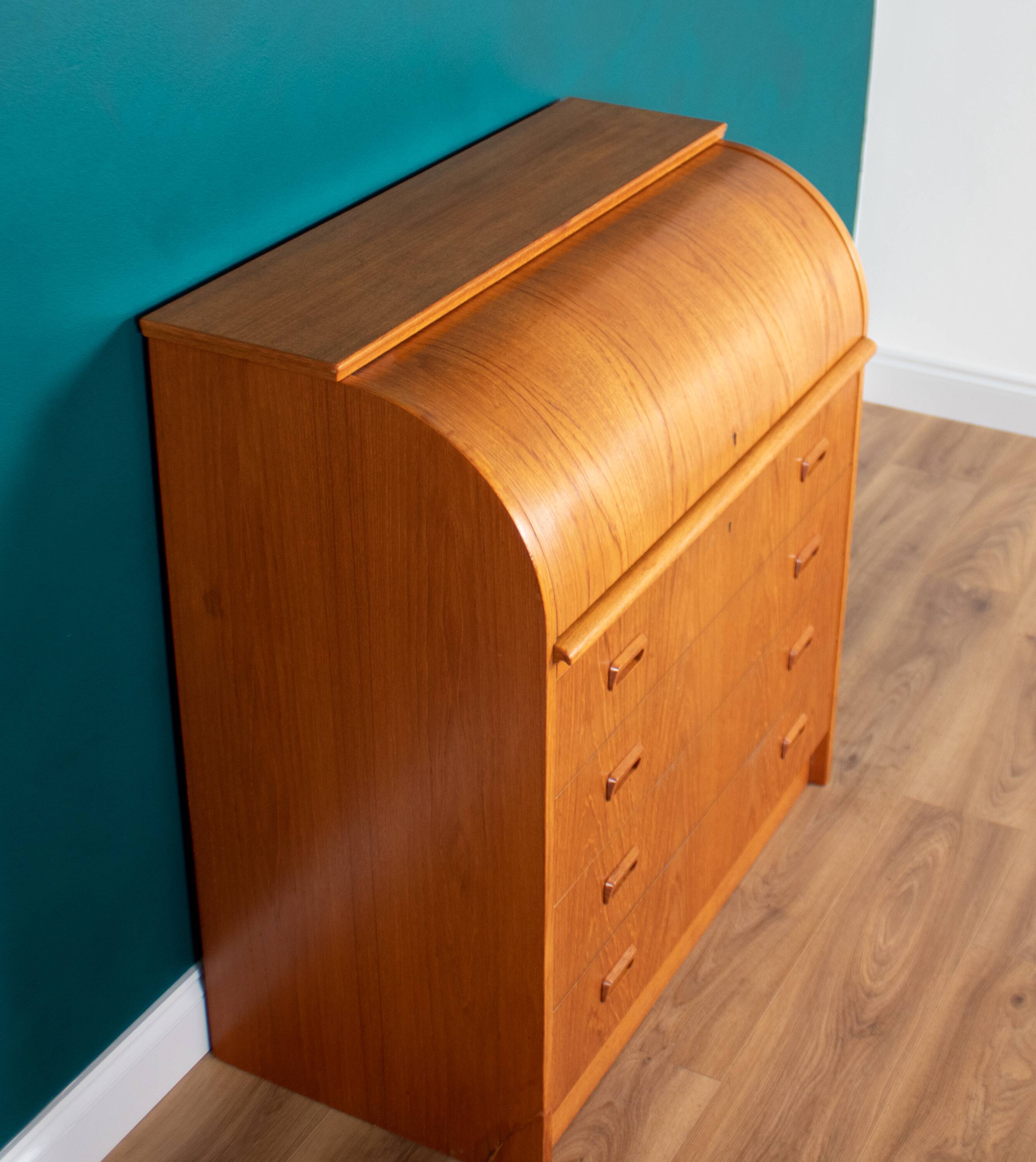 Retro Teak 1960s Danish Tambour Front Roll Top Bureau Writing Desk