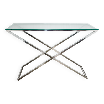 1990s-style Modern console table, chrome and glass, 120 cm