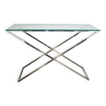Table console moderne des années 1990, chrome et verre, 120 cm