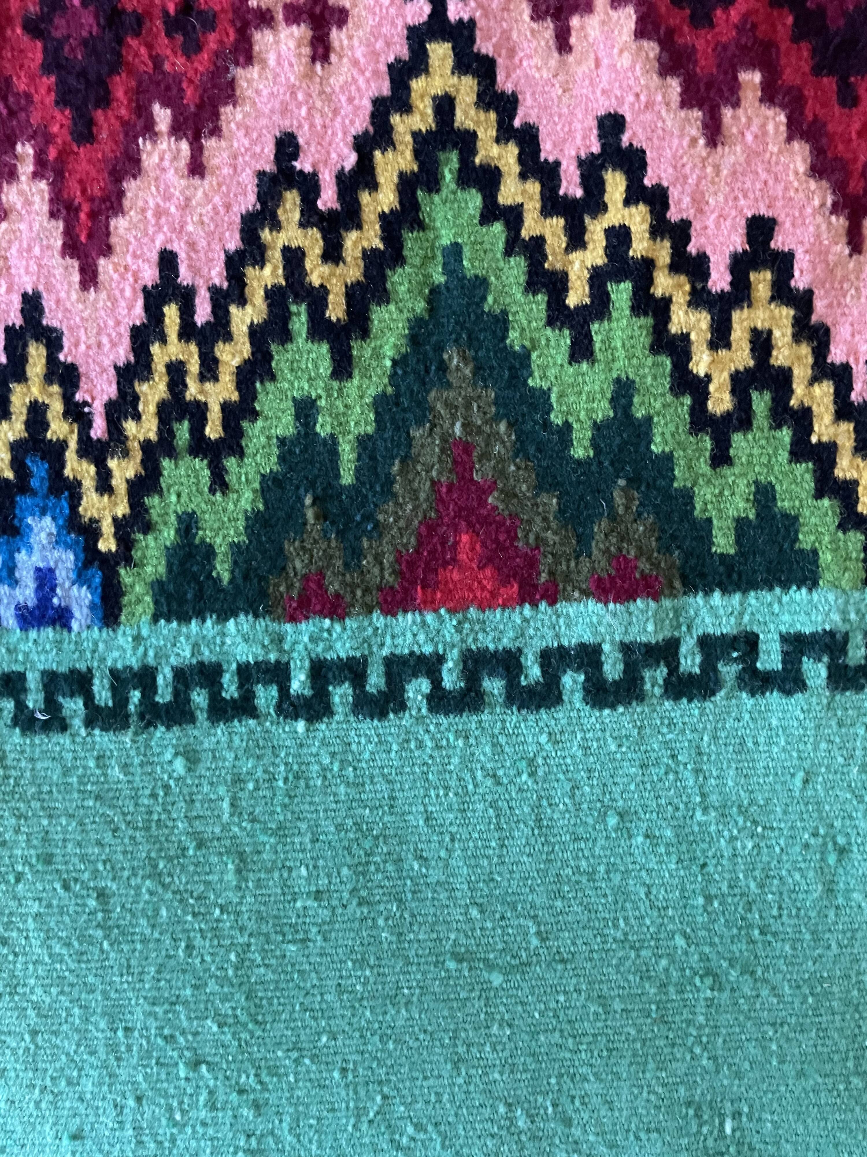 Romanian flatwoven rug geometrical design on a green turquoise background, 158x185 cm