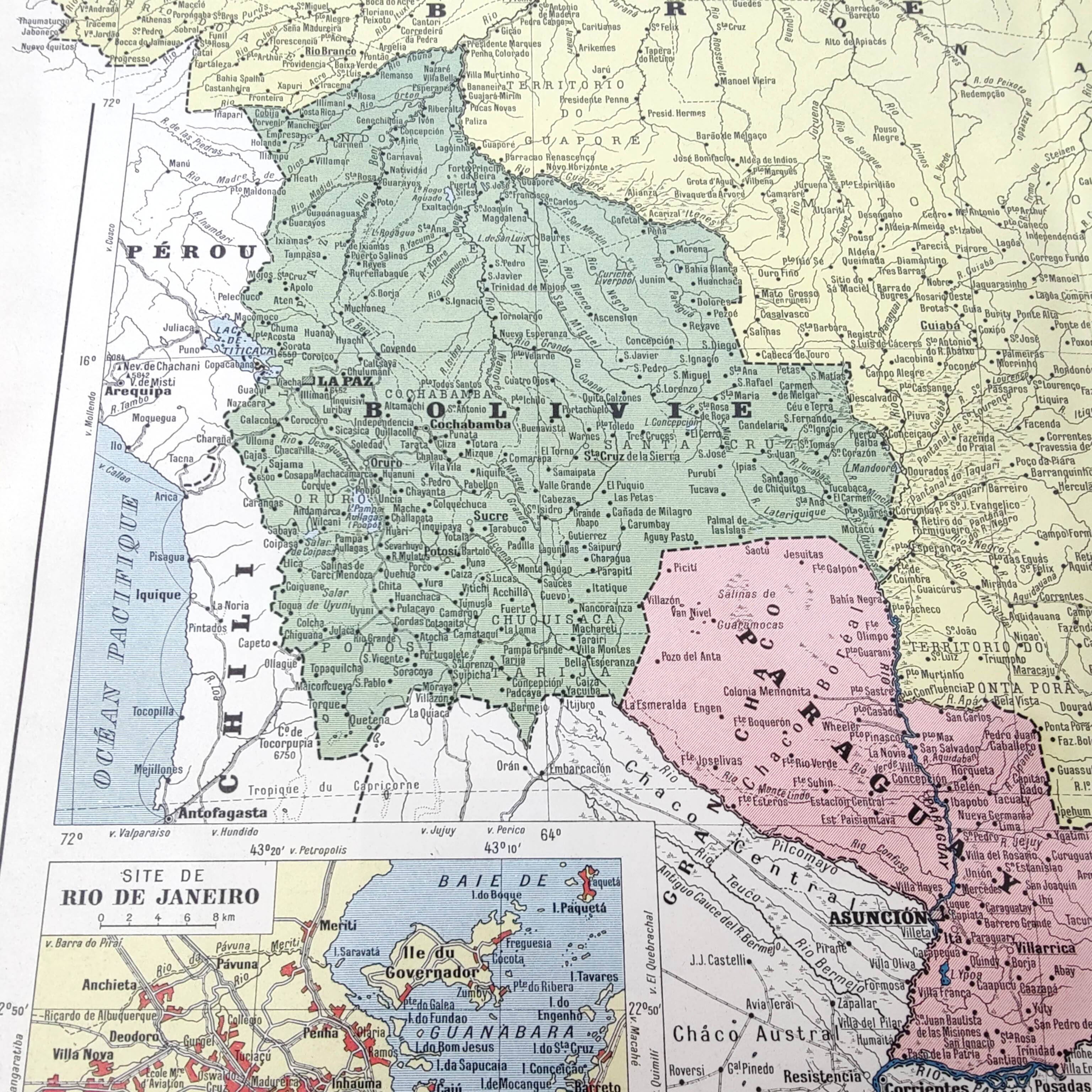 Old map of South America Brazil Bolivia Paraguay 43x43cm from 1950