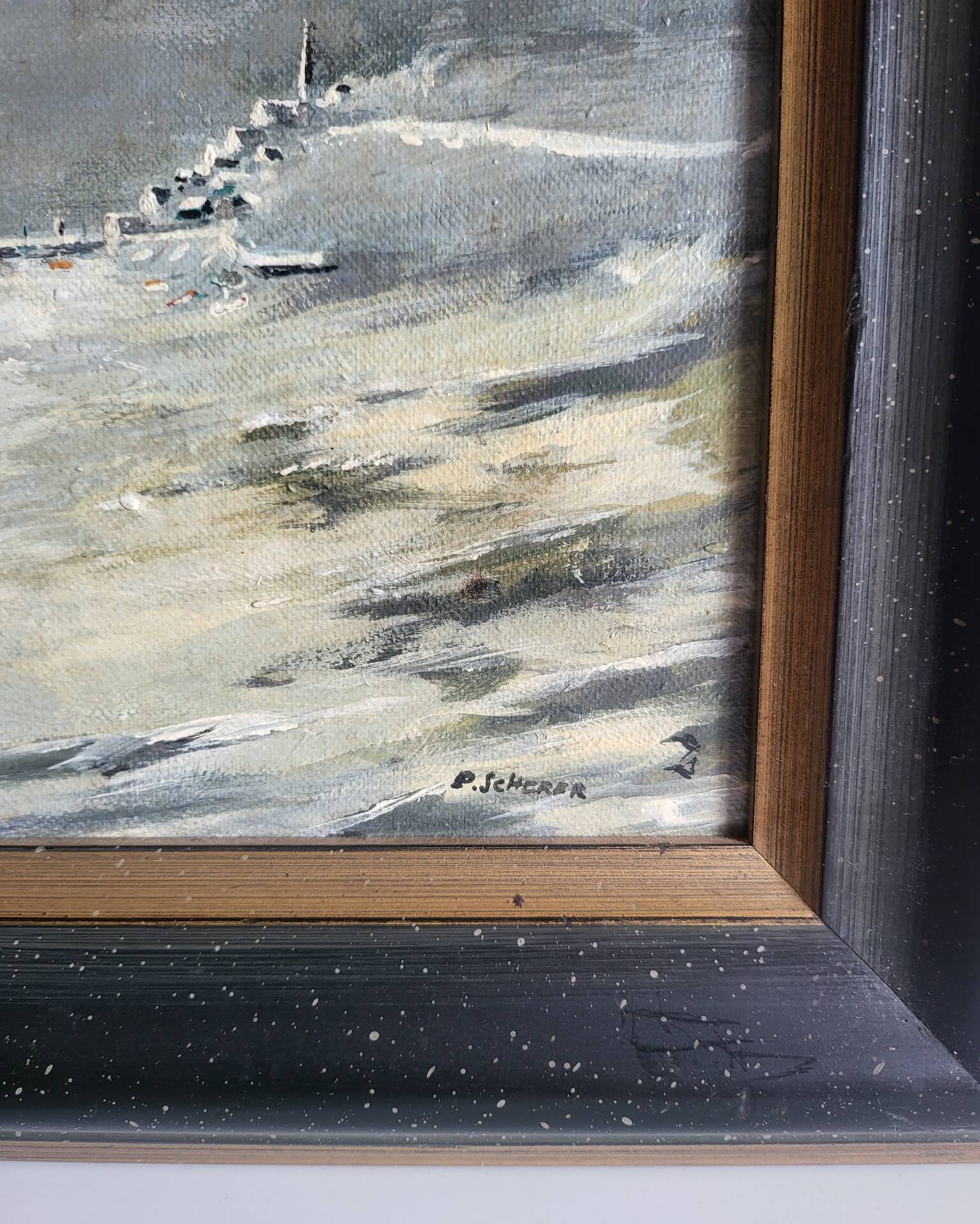 Oil on Panel P. Scherer Moonlit Seascape
