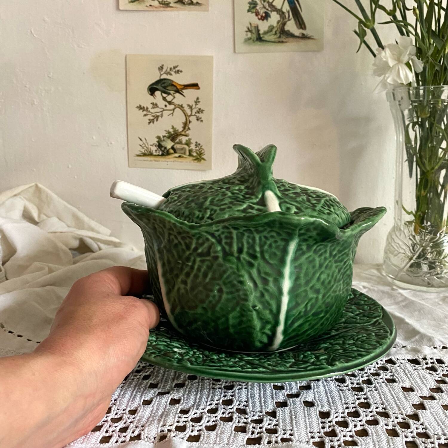 Soupière et plat en barbotine chou