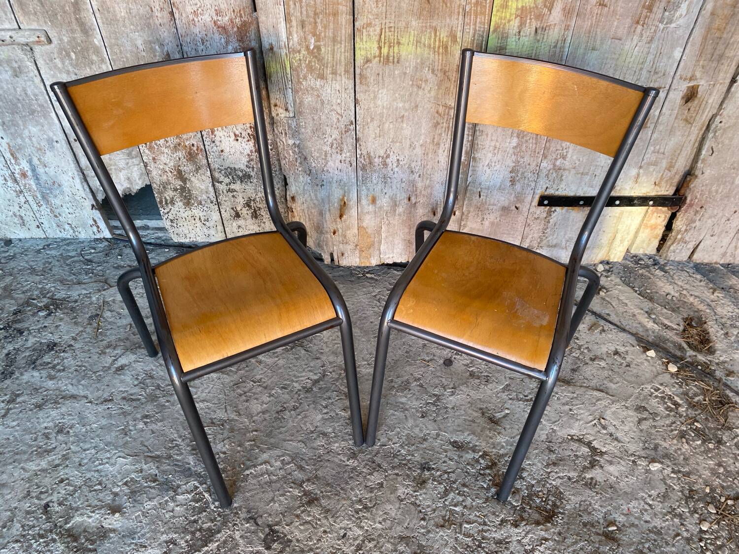 Pair of Vintage Style MULLCA Model 510 Grey Metal + Wood Chairs