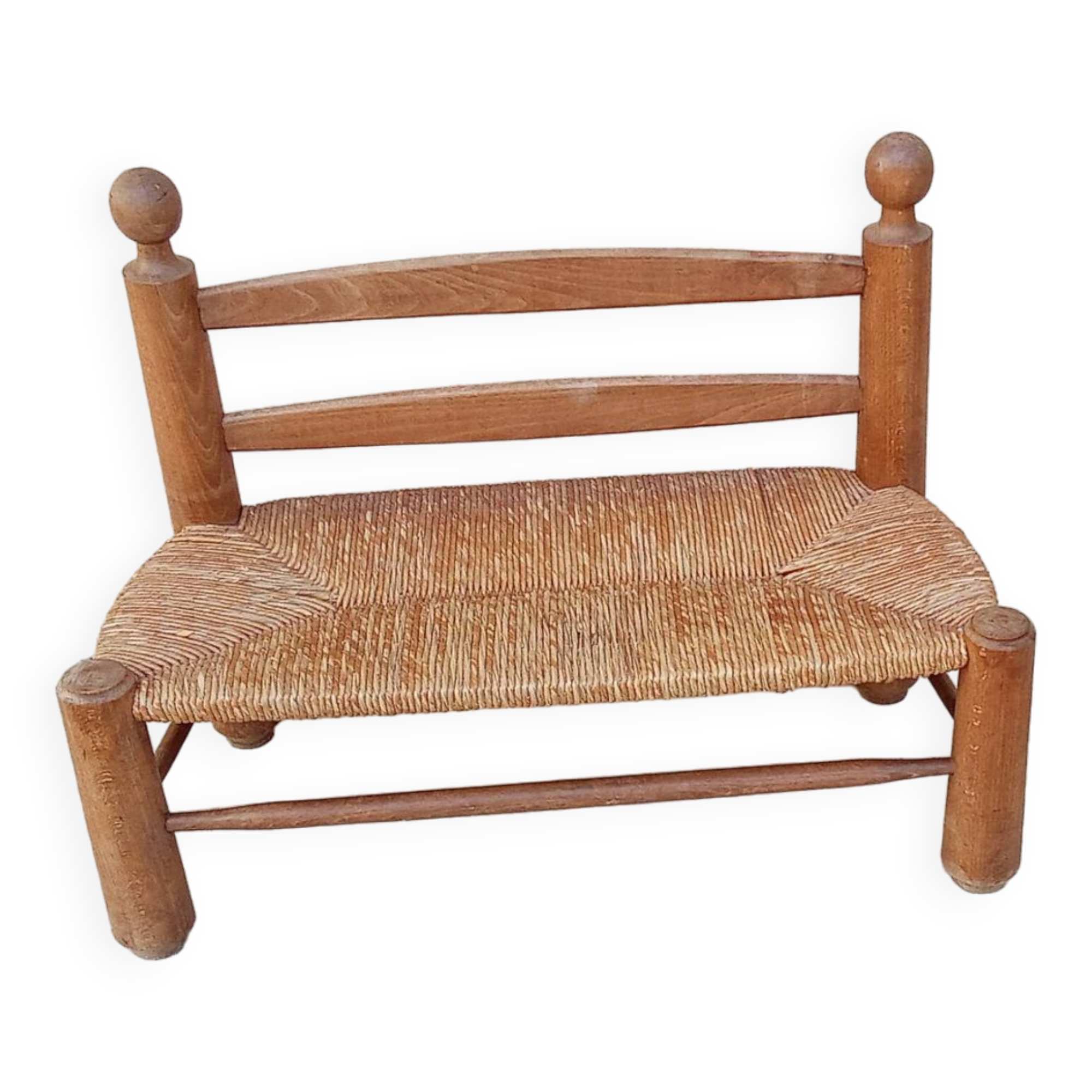 Banc vintage bois et paille esprit perriand année 50