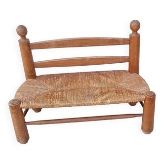 Vintage wood and straw perriand style bench from the 50s
