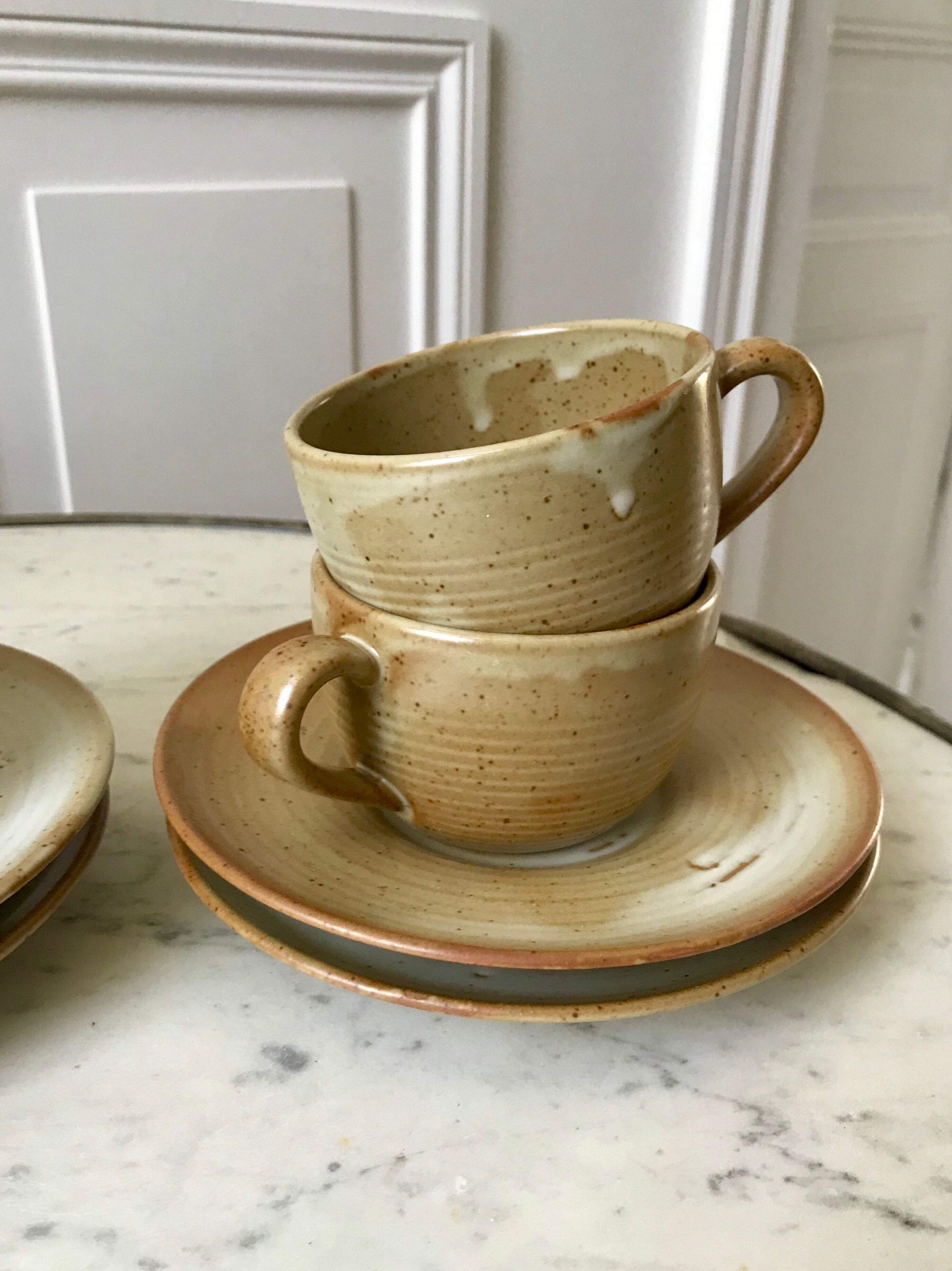 set of 6 stoneware cups and saucers Grès du Village 60s-70s