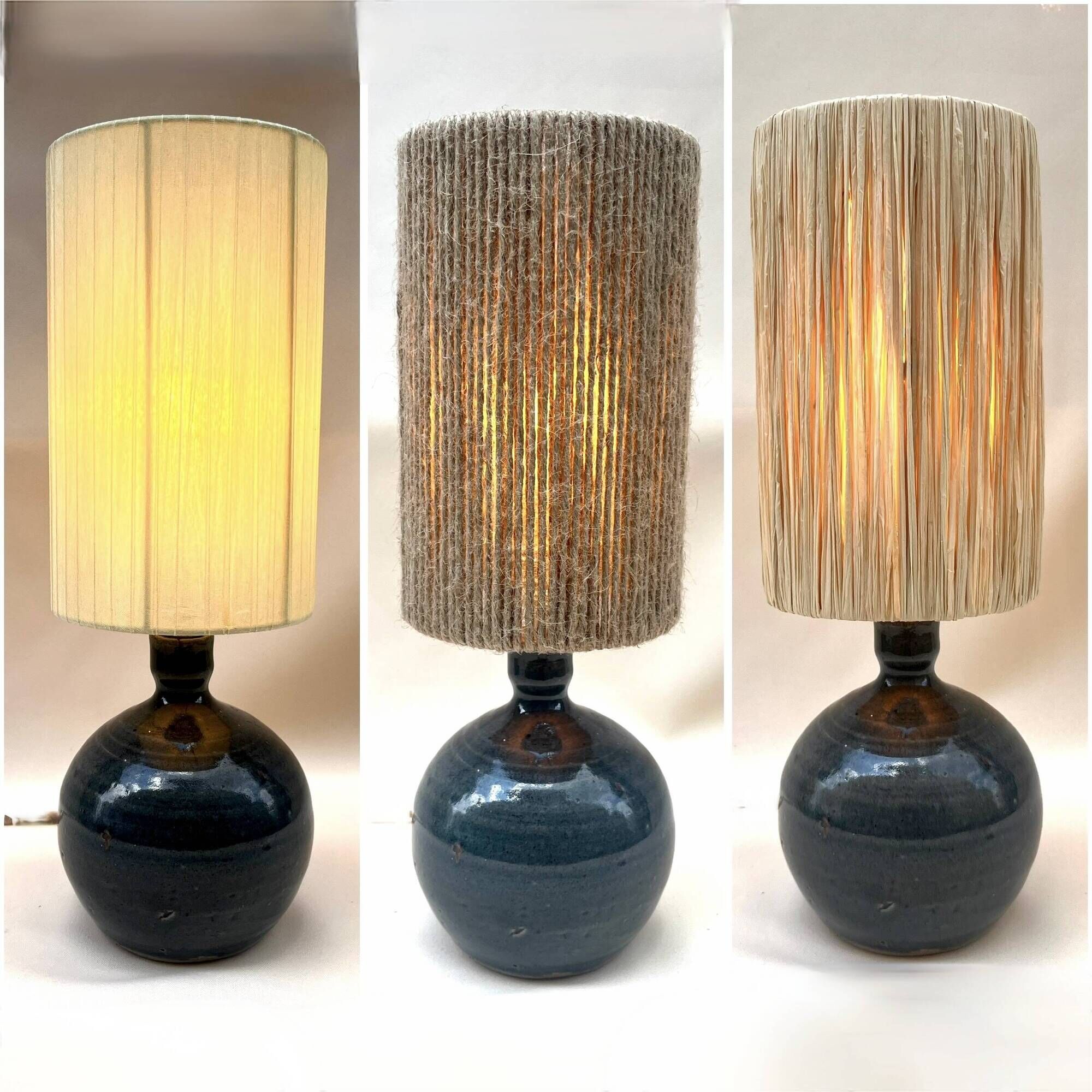 Vintage blue pyrite stoneware lamp 1970s raffia rope lampshade ribbons 70s bohemian