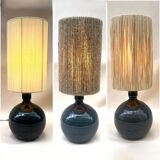 Lampe en grés pyrité bleu vintage 1970 abat-jour corde raphia rubans années 70 bohème