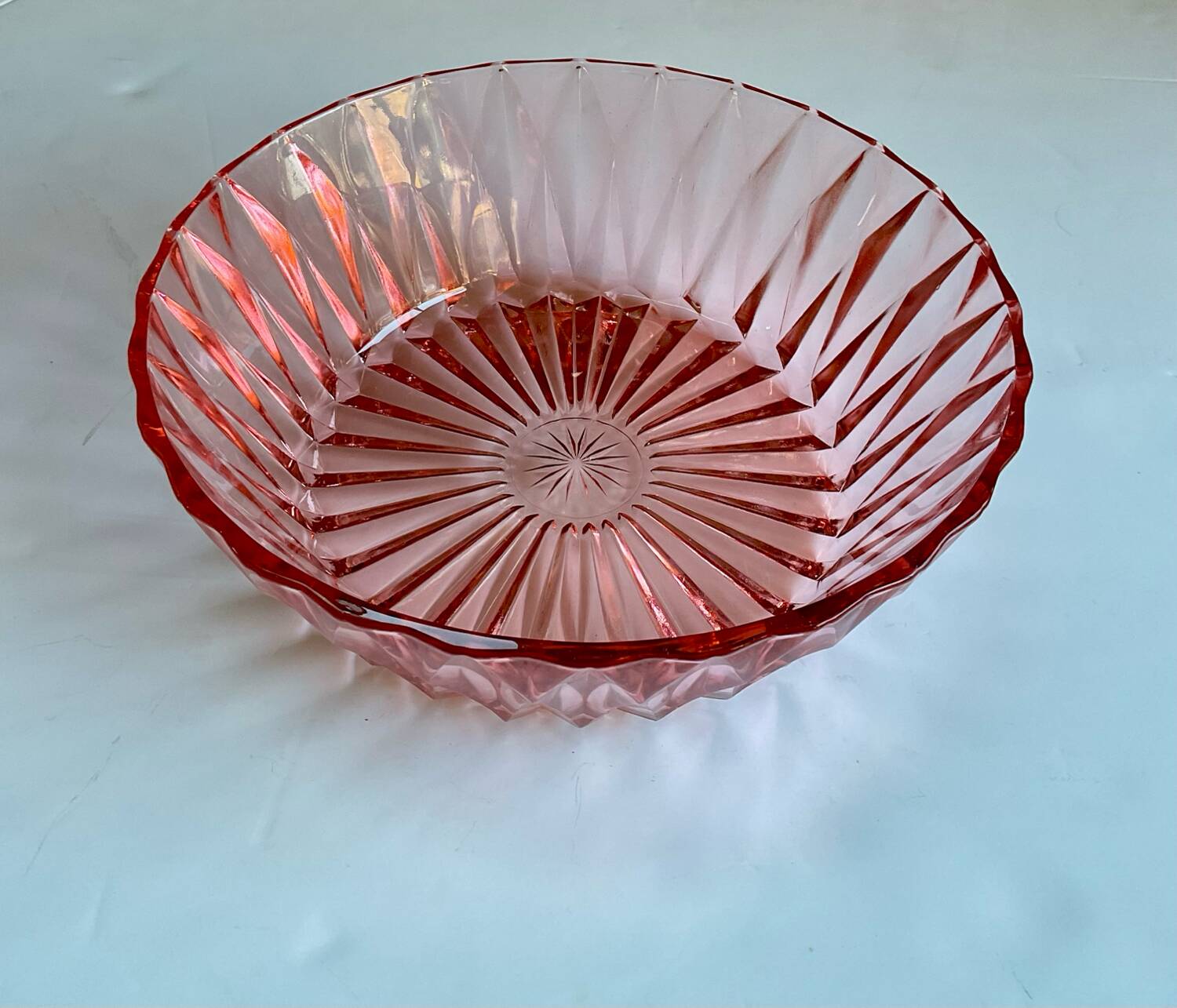Cut glass salad bowl in pink glass