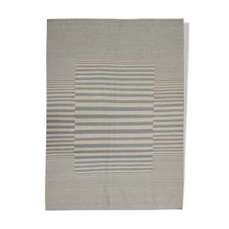 Blue cream wool kilim handwoven modern kilim flat-weave area rug-205x283cm