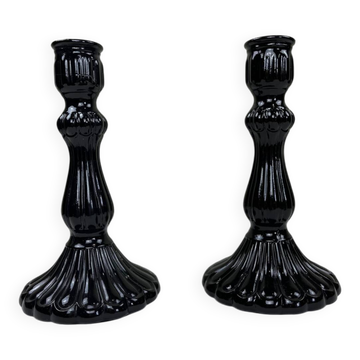 Pair of black opaline candlesticks
