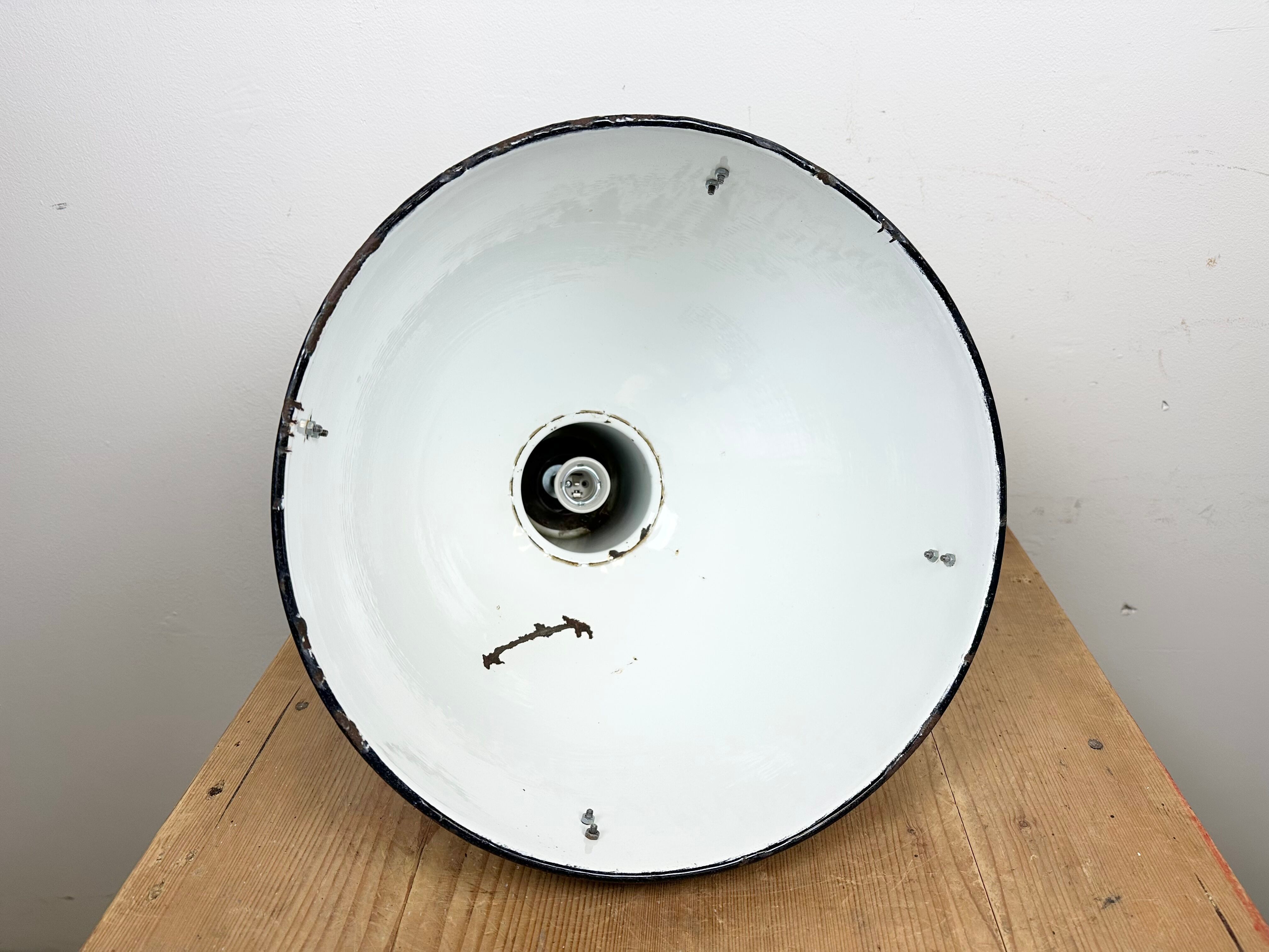 Bauhaus blue enamel industrial pendant lamp, 1950s