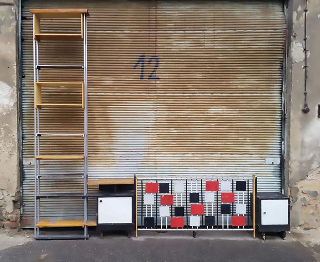 Large vintage 1960s multicoloured wall shelf system made of wood and aluminium.