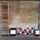 Large vintage 1960s multicoloured wall shelf system made of wood and aluminium.