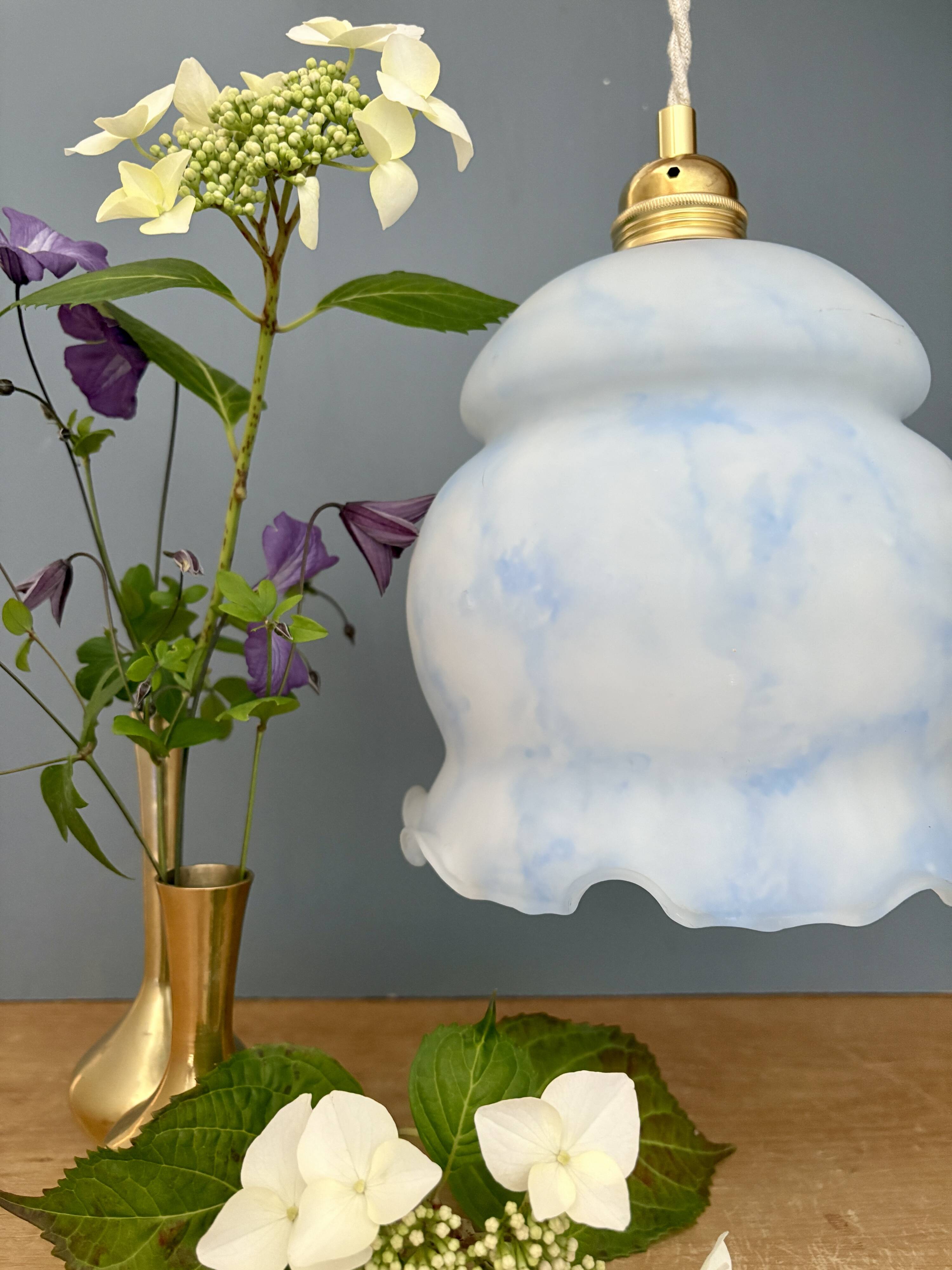 Vintage globe pendant light in white and blue opaline