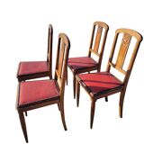 Set of 4 Art Deco Chairs in wood and red imitation leather