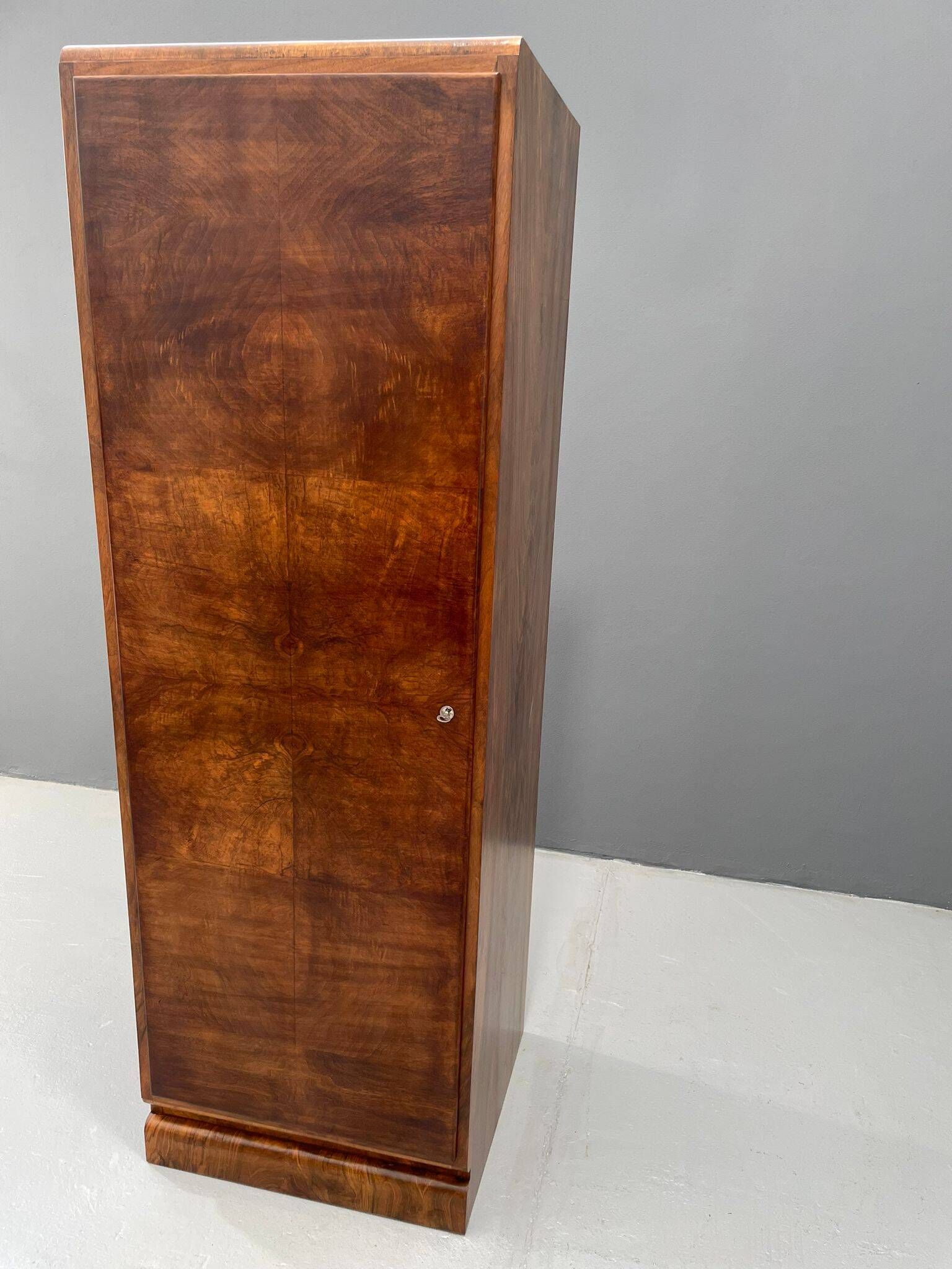 Restored Art Deco wardrobe with shelves, walnut veneer, Czechoslovakia, 1930s.