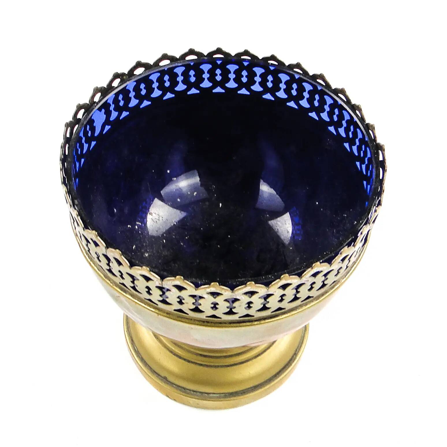 Art Nouveau sugar bowl, brass, cobalt glass, Sweden, early 20th century