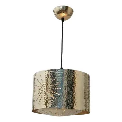 Hammered copper metal pendant light with a golden cylindrical shade.