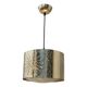 Hammered copper metal pendant light with a golden cylindrical shade.