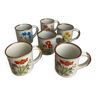 Six stoneware mugs with vintage floral decor