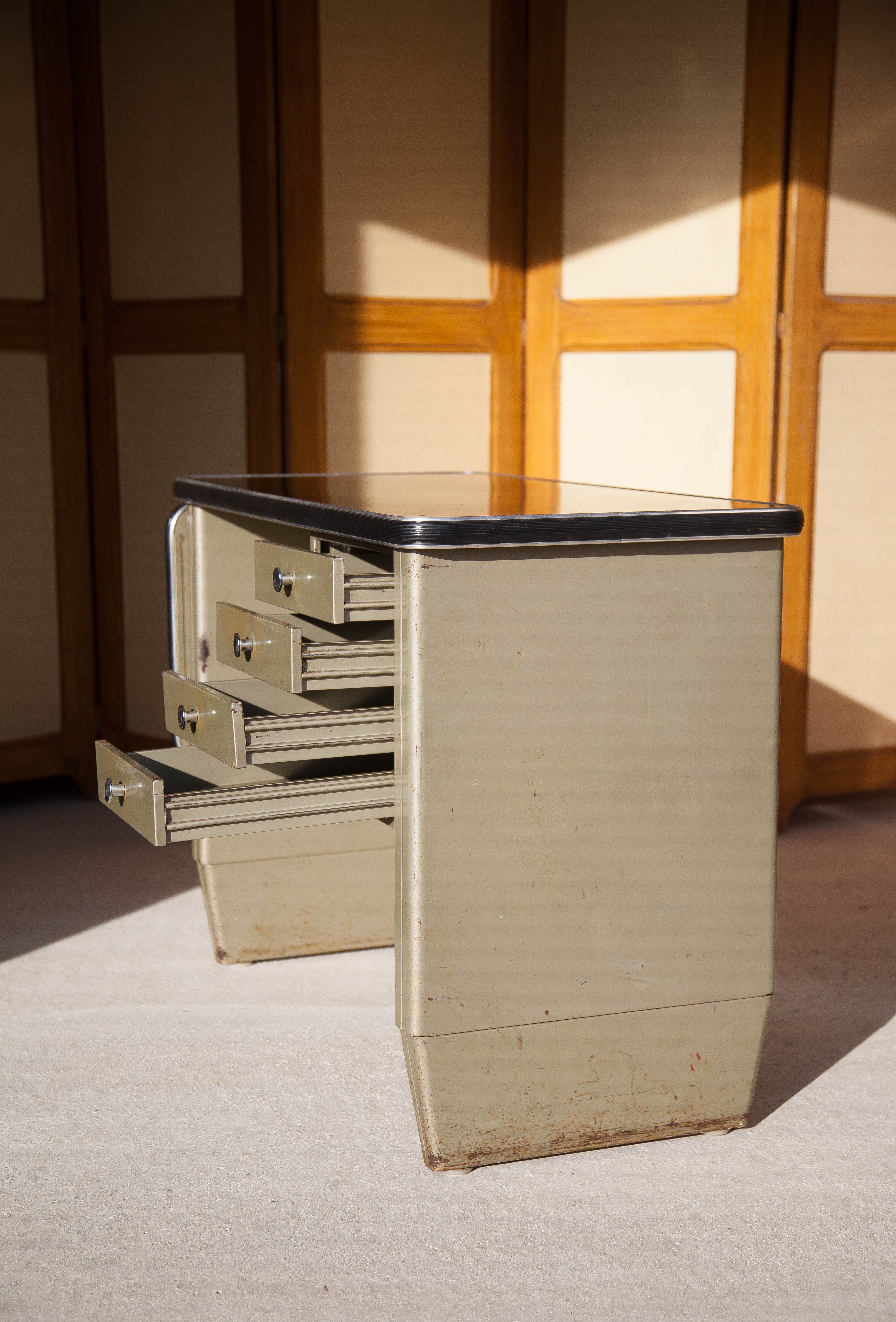 Vintage metal desk, desk with drawers and folding shelf, vintage desk
