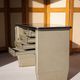 Vintage metal desk, desk with drawers and folding shelf, vintage desk