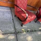 Pair of Art Deco burgundy armchairs in curved wood and fabric by Jindrich Halabala (1930s)