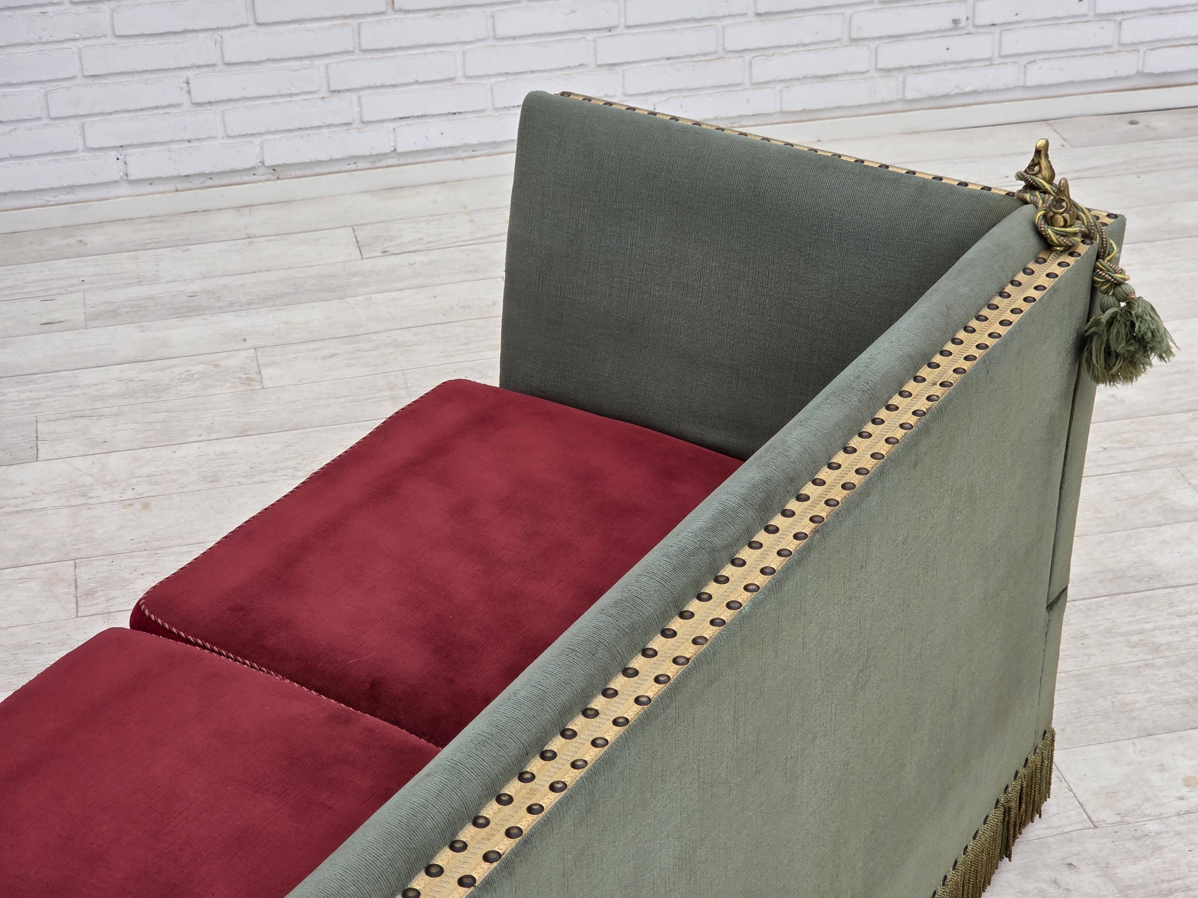 1970s, Danish 2-seater drop arm "Spanish" sofa, green and red velour.
