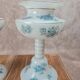 Beautiful pair of pedestal vases in white opaline – old blue decoration.