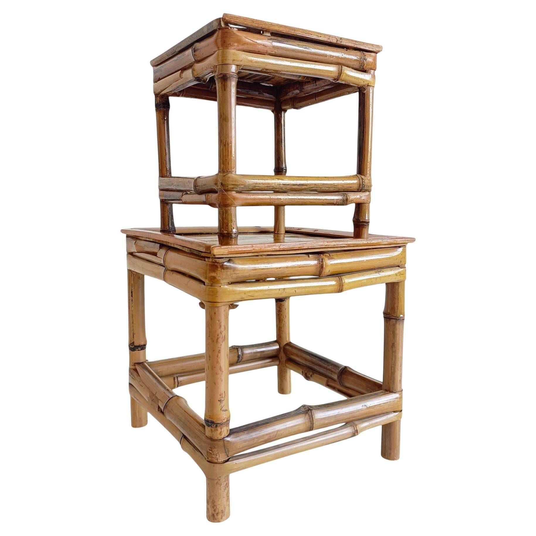 1950s Mid-Century French Bamboo and Wood Plant Pedestals, Hand-Crafted