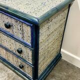 Commode vintage en rotin bleu par Maugrion, France 1970
