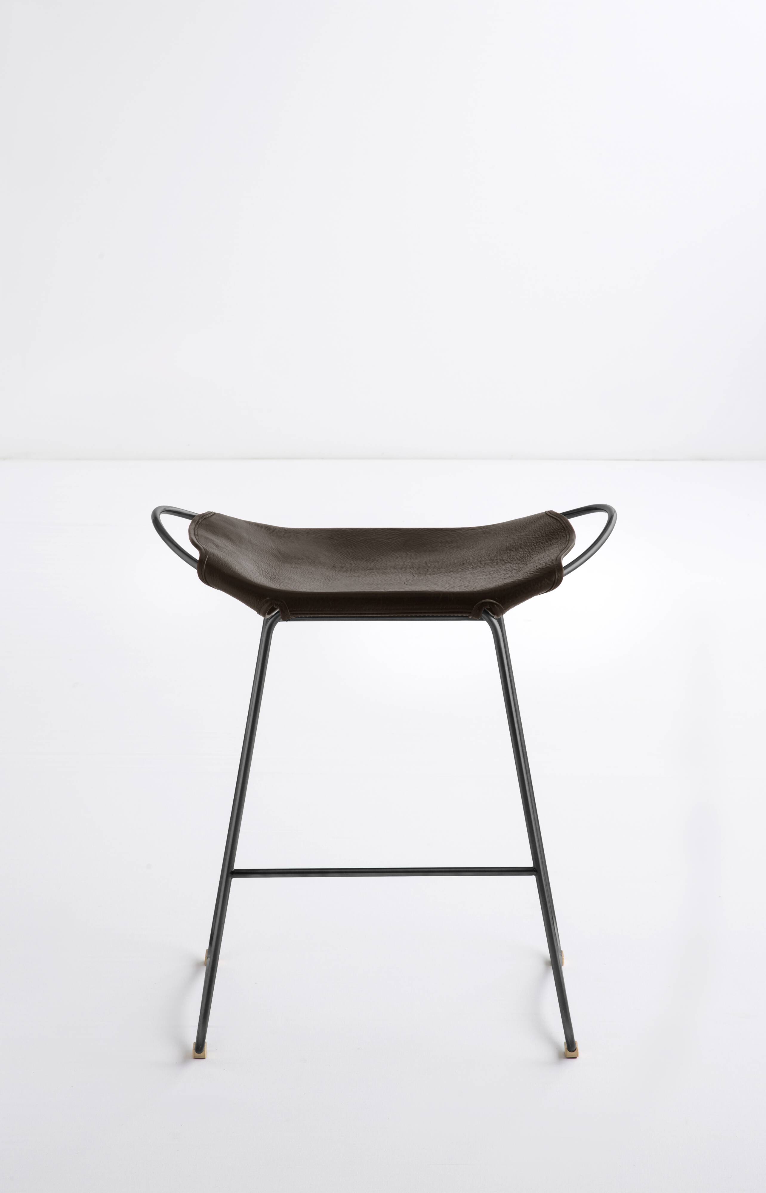 Contemporary Kitchen CounterStool Black Smoke Metal & Dark Brown Leather