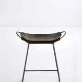 Contemporary Kitchen CounterStool Black Smoke Metal & Dark Brown Leather