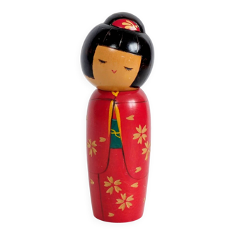 Vintage Kokeshi Doll Wooden Japanese Art Red Kimono Floral Decor