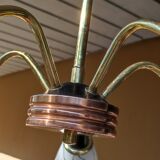 Five-branch opaline, bakelite and brass chandelier from the 50s