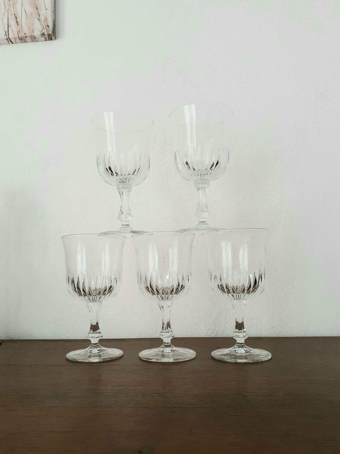 Chiseled stemware, set of 5 vintage water glasses