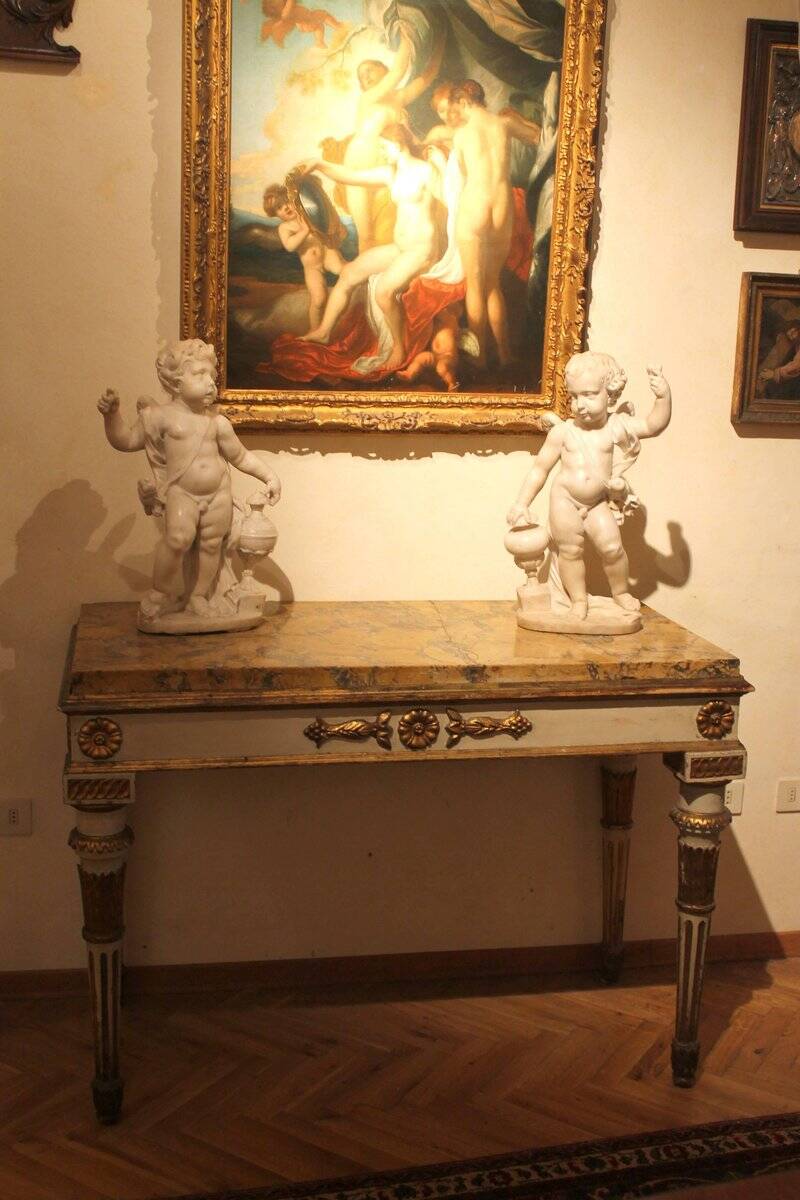 Italian Louis XVI White Lacquer and Giltwood Console with Scagliola Siena Marble Top