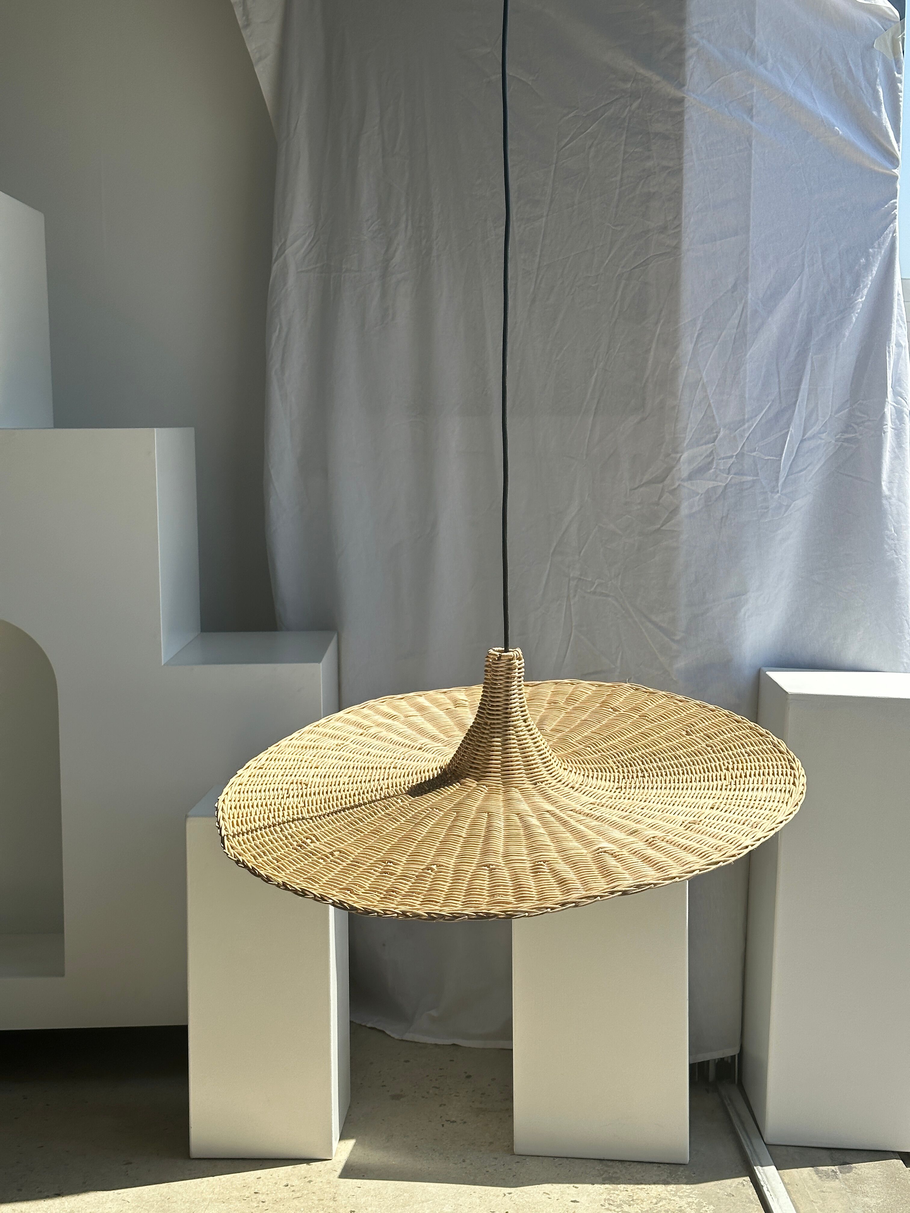 Large suspension, rattan luminaire in hat shape D:80cm