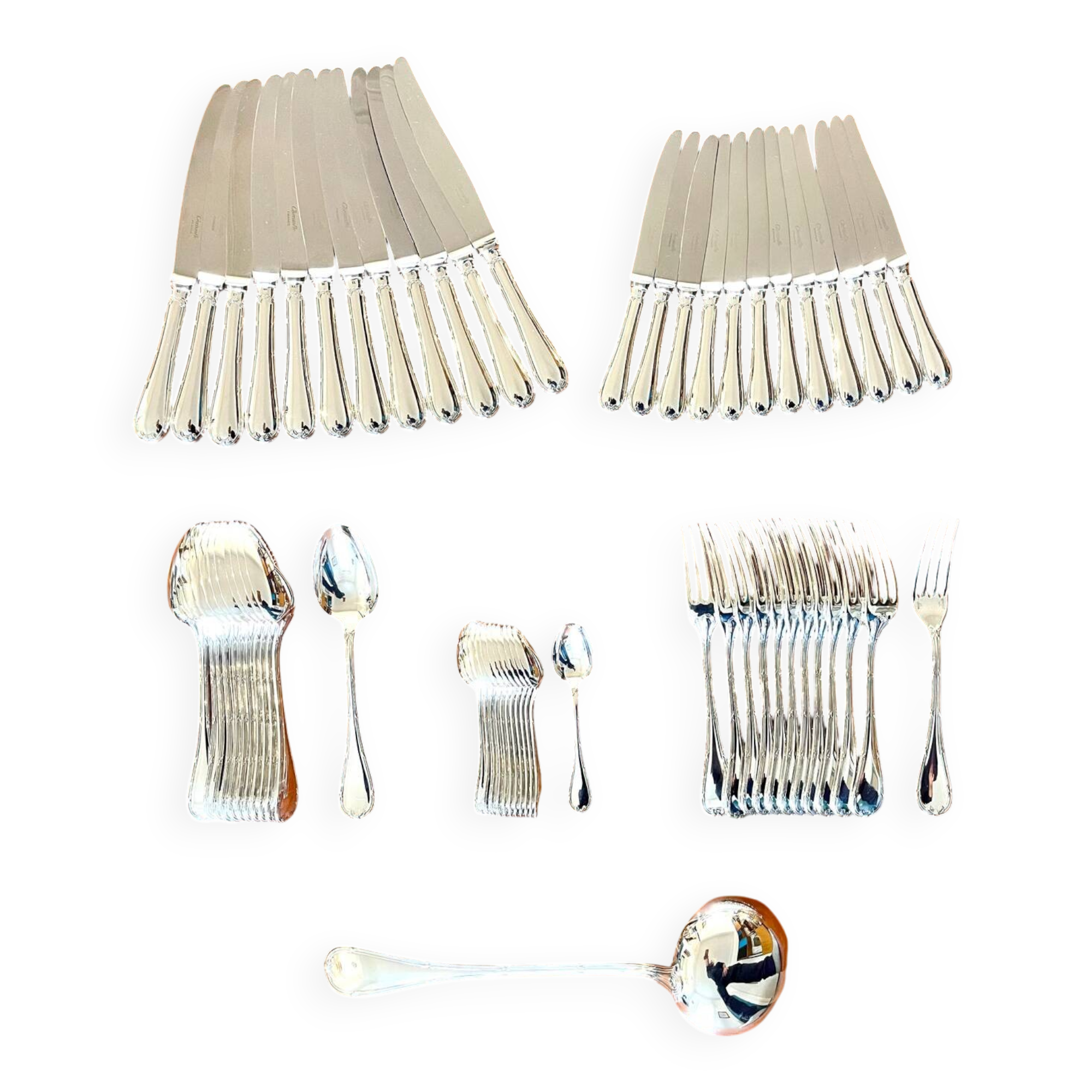 Christofle ribbons, 61-piece flatware set, excellent condition