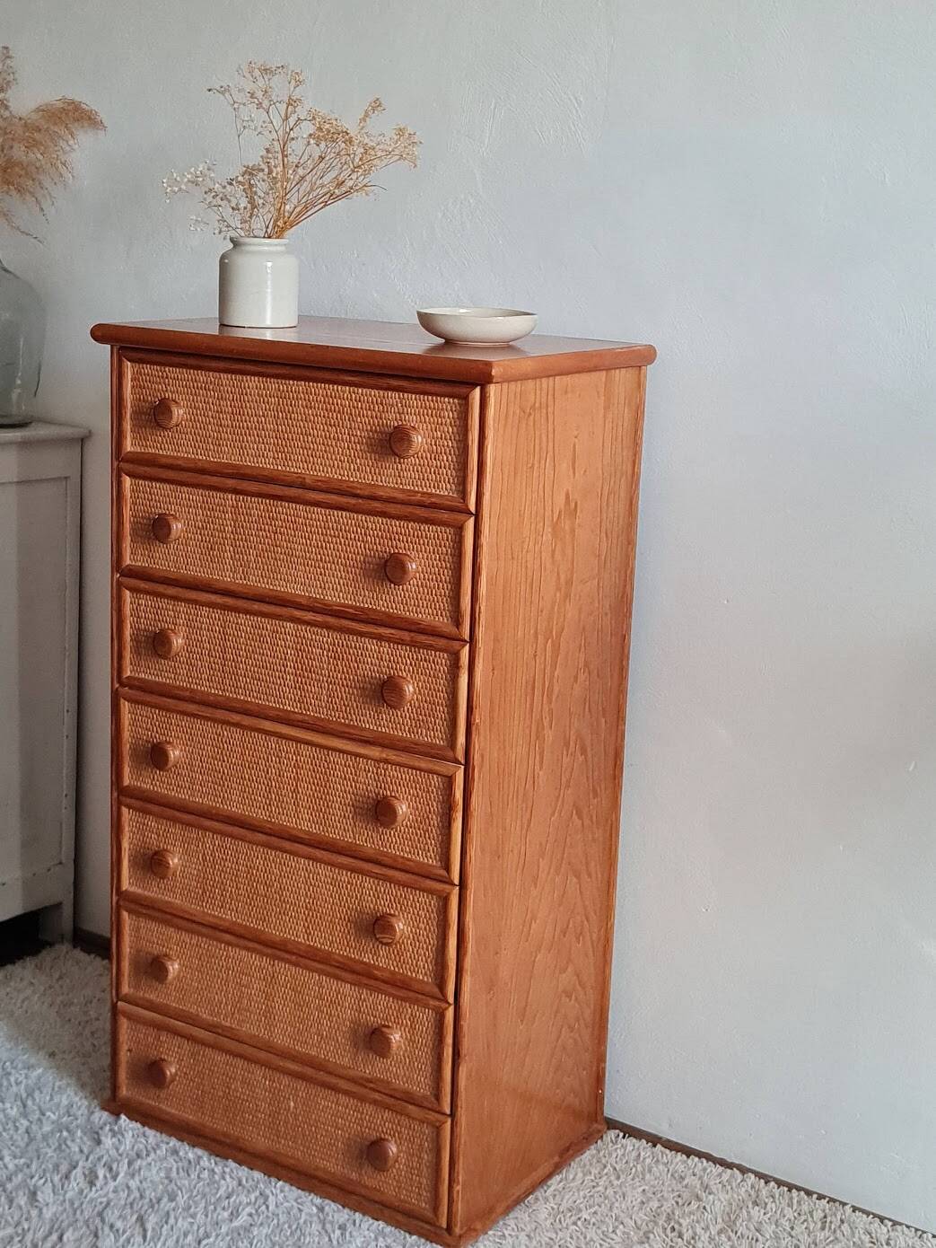 Vintage wicker chest of drawers.