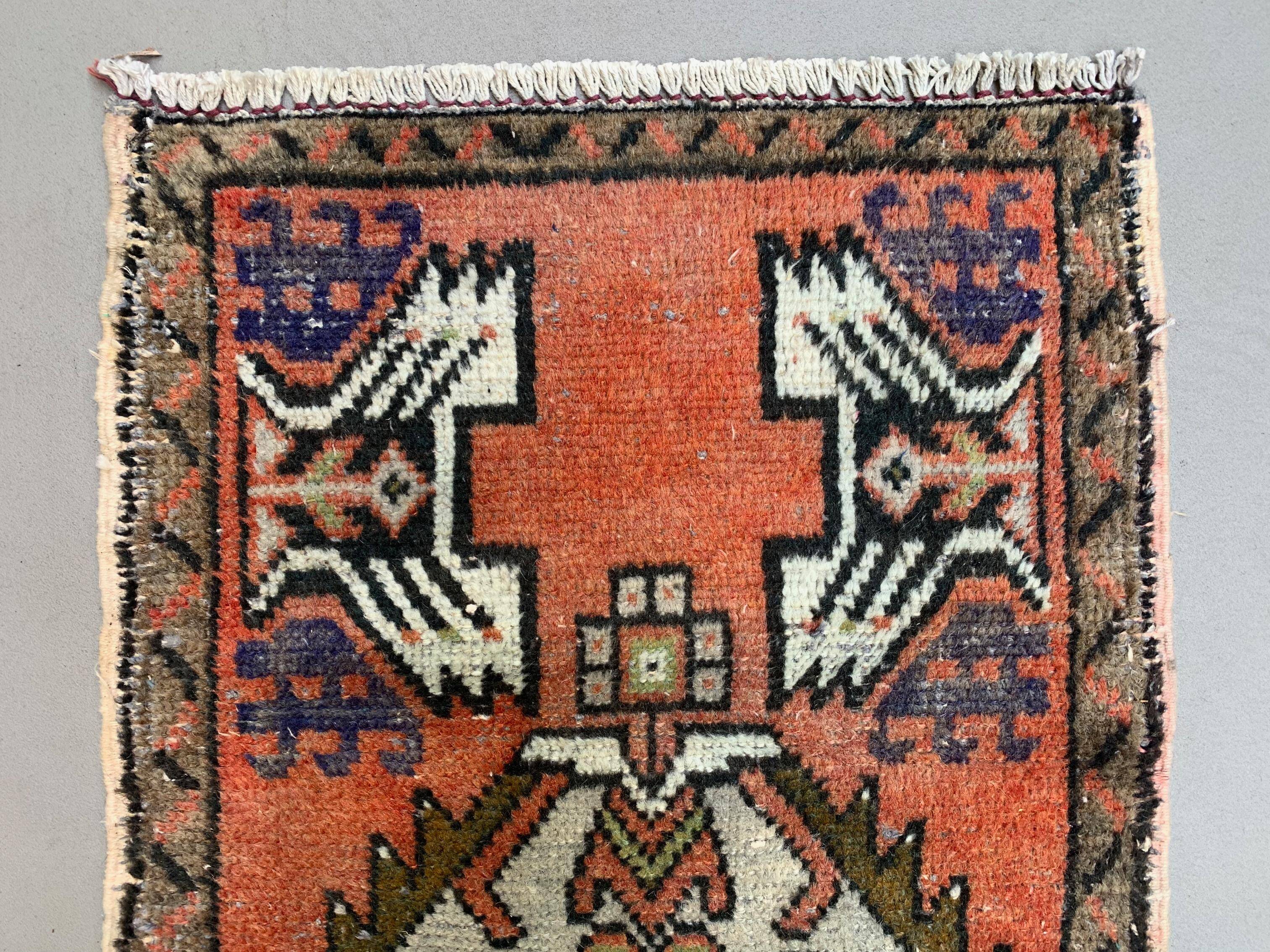 Small vintage turkish rug 96x51 cm, short runner, tribal, shabby, mini carpet