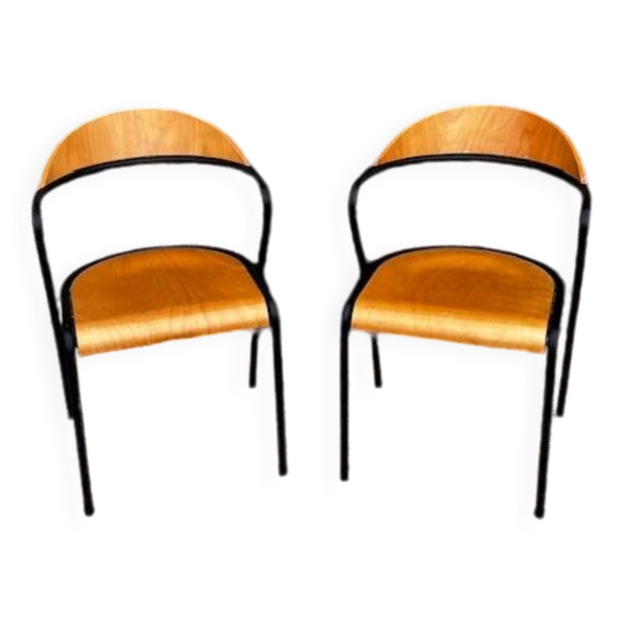 Pair of wooden and black metal chairs