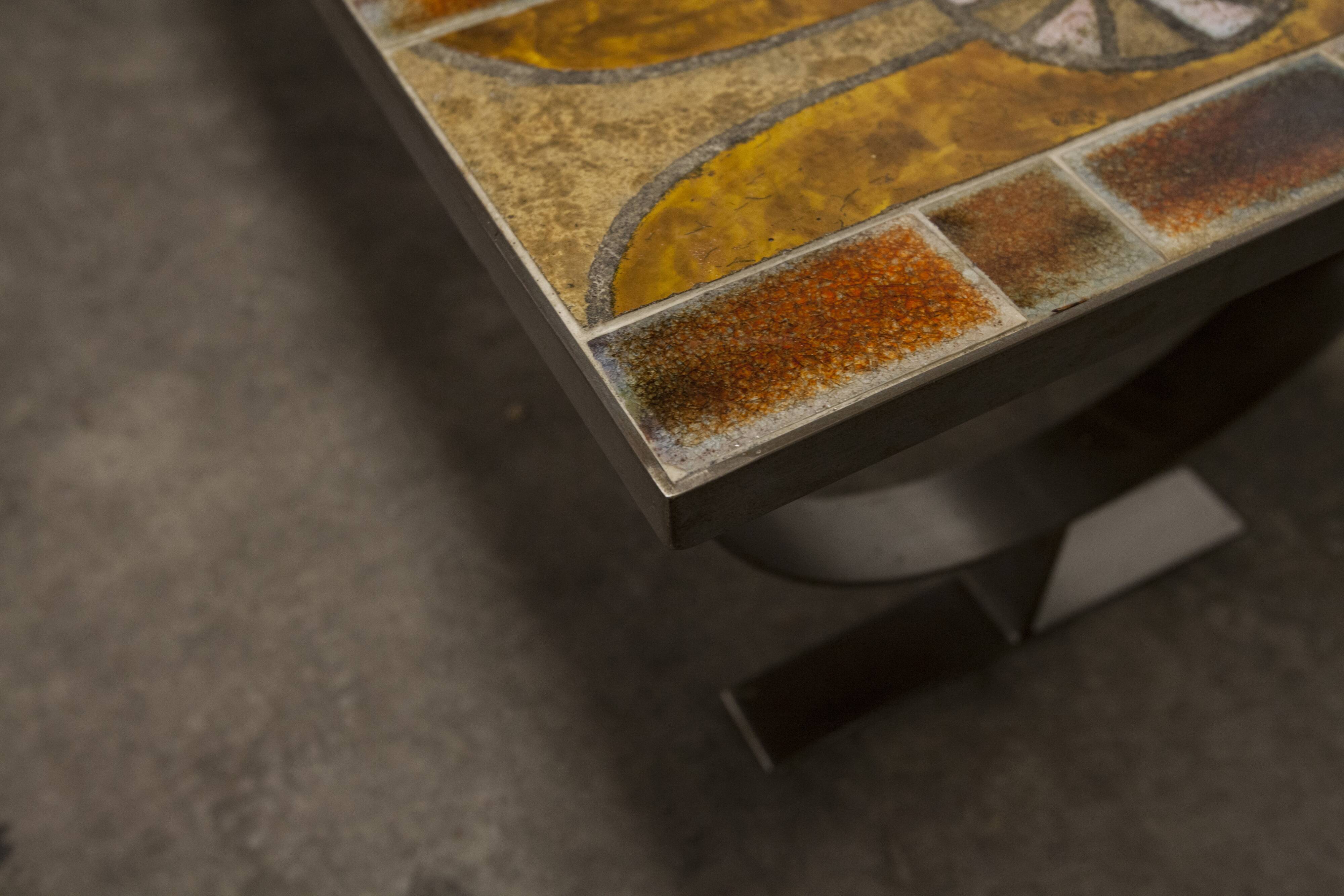 Ceramic coffee table and brushed steel Roche Bobois design Gregorieff 70s, 108x47cm