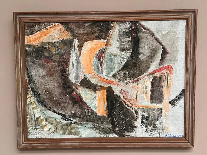 Swedish Original Oil on Canvas – "Abstract Composition" by Eivor Lindberg – 1967 – Signed – Vintage and Framed – 68 × 52 cm (26.8 in × 20.5 in)