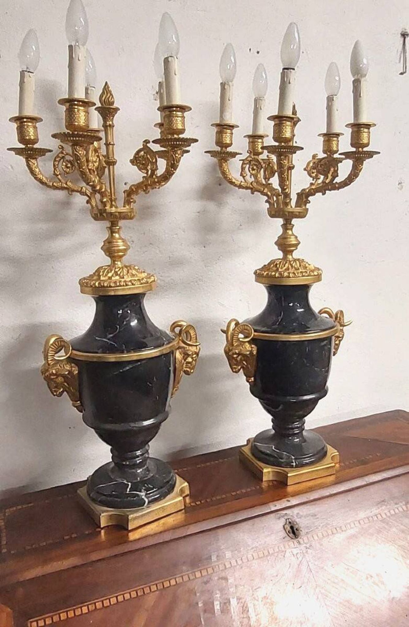 Antique Lumi pair of large marble and mercury-gilt bronze candelabras