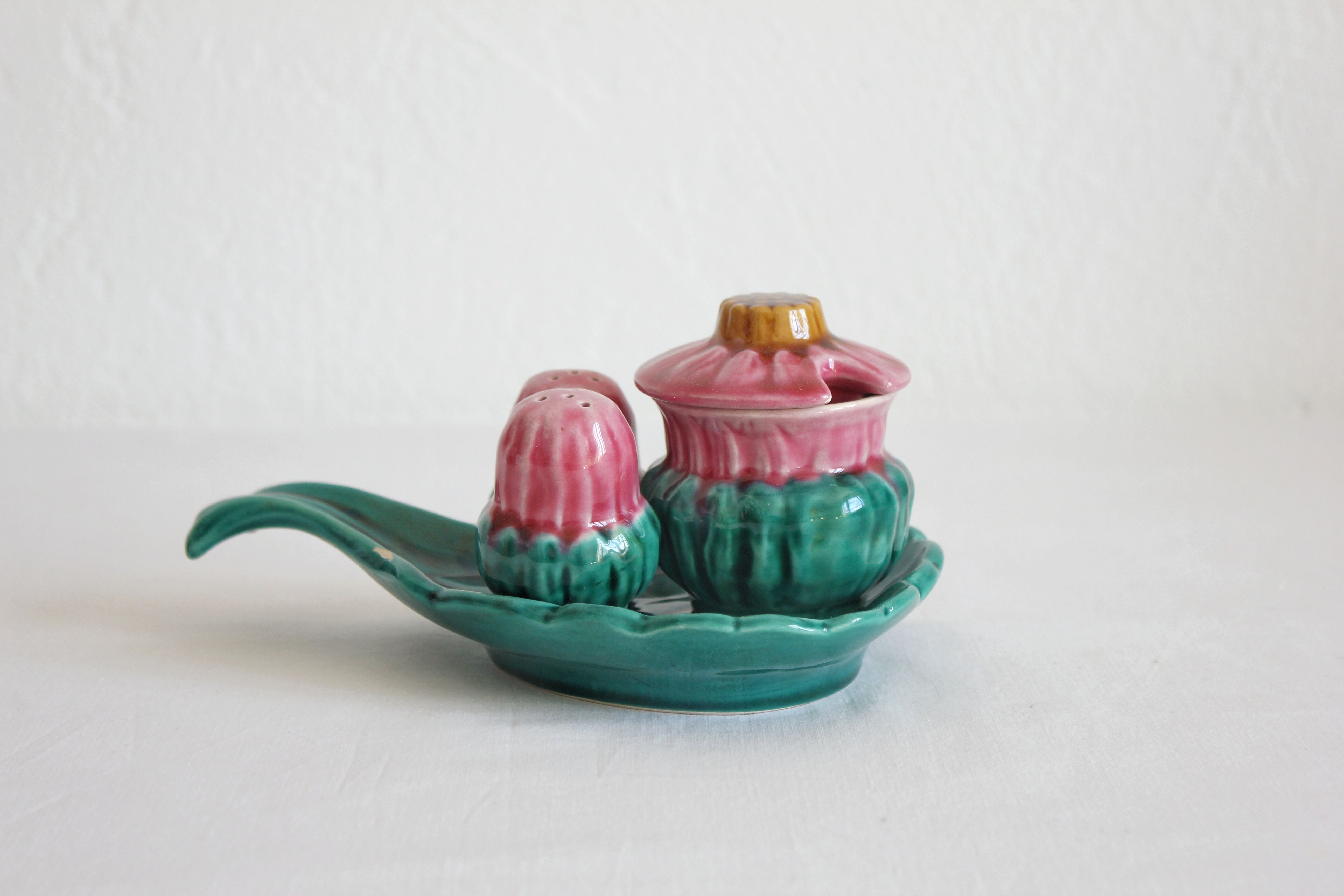 Set with salt, pepper and mustard condiments in vintage slurry